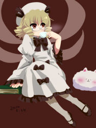 Rule 34 | 1girl, blonde hair, book, bow, chabi (amedama), crossover, cup, dated, dress, drill hair, drinking, glasses, hat, luna child, rabbit, red eyes, ribbon, short hair, solo, teacup, touhou, wings