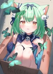 Rule 34 | 1girl, absurdres, animal ear fluff, animal ears, blue bow, blue dress, blush, bow, bow hairband, box, bug, butterfly, cat ears, commentary request, dress, extra ears, eyes visible through hair, ghost earrings, green butterfly, green eyes, hair ornament, hairband, highres, hololive, in box, in container, insect, knees up, looking at viewer, parted lips, paw pose, red eyes, shiohana, short hair, sitting, skull hair ornament, smile, solo, translated, uruha rushia, uruha rushia (1st costume), virtual youtuber