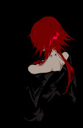 Rule 34 | 1other, absurdres, bare shoulders, black background, black dress, commentary request, crimson (ragna crimson), dress, from behind, highres, long hair, neck tattoo, ponytail, ragna crimson, red hair, simple background, tattoo, upper body, victima