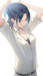 Rule 34 | 1girl, absurdres, adjusting hair, alternate costume, blue hair, breasts, choker, cleavage, closed eyes, collared shirt, commentary, earrings, highres, hiodoshi ao, hololive, hololive dev is, jewelry, medium breasts, medium hair, necklace, parted bangs, parted lips, ponytail, shirt, short sleeves, simple background, solo, somebody (leiking00), tying hair, upper body, virtual youtuber, white background, white shirt