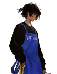 Rule 34 | 1boy, apron, arknights, black hair, black sweater, blue apron, closed mouth, clothes writing, collared shirt, dark-skinned male, dark skin, geebee 79, hand in pocket, highres, long sleeves, male focus, orange eyes, ponytail, shirt, short ponytail, simple background, solo, sweater, thorns (arknights), white background, white shirt