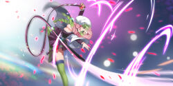 Rule 34 | 1girl, :d, braid, breasts, cleavage, demon slayer uniform, floating hair, green eyes, green hair, green thighhighs, haori, highres, holding, holding sword, holding weapon, jacket, japanese clothes, kanroji mitsuri, kimetsu no yaiba, large breasts, long hair, long sleeves, miniskirt, mole, mole under eye, motion blur, multicolored hair, open clothes, open jacket, open mouth, outstretched arms, peach luo, pink hair, pleated skirt, purple jacket, purple skirt, skirt, smile, solo, standing, standing on one leg, sword, thighhighs, twin braids, two-tone hair, very long hair, weapon
