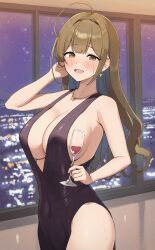 Rule 34 | 1girl, absurdres, ahoge, bare arms, bare shoulders, black dress, blush, breasts, brown eyes, brown hair, cleavage, commentary request, covered navel, cup, dress, drinking glass, highres, holding, holding cup, idolmaster, idolmaster shiny colors, indoors, jewelry, kuwayama chiyuki, large breasts, long hair, looking at viewer, necklace, open mouth, sideboob, sleeveless, sleeveless dress, smile, solo, upper body, wanimaru