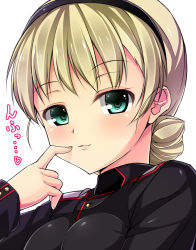 Rule 34 | 1girl, blonde hair, blush, female focus, green eyes, heart, kuragari, looking at viewer, noble witches, rosalie de hemricourt de grunne, simple background, smile, solo, spoken heart, strike witches, text focus, translated, upper body, white background, world witches series