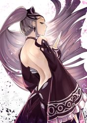 Rule 34 | 1girl, back, backless dress, backless outfit, bare back, black choker, black dress, breasts, butt crack, choker, commentary request, crying, crying with eyes open, dress, dual wielding, earrings, eir (fire emblem), fire emblem, fire emblem heroes, grey eyes, grey hair, hair ornament, hair ribbon, headgear, highres, holding, holding sword, holding weapon, jewelry, large breasts, long hair, looking at viewer, nakabayashi zun, nintendo, no bra, parted lips, petals, ponytail, ribbon, solo, sword, tears, very long hair, weapon