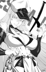 Rule 34 | 1girl, akame ga kill!, breast tattoo, breasts, buttons, chain, character name, cleavage, double-breasted, esdeath, from below, grin, hat, highres, holding, holding chain, jacket, large breasts, long sleeves, looking at viewer, orouu, smile, solo, tattoo, teeth, two-tone headwear