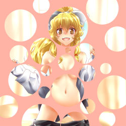Rule 34 | 1girl, :d, alternate hairstyle, blonde hair, bow, breasts, bubble filter, censored, female focus, hair bow, k2isu, kirisame marisa, long hair, navel, no headwear, no headwear, nude, open mouth, ponytail, smile, solo, touhou, undressing, yellow eyes