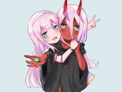 Rule 34 | 10s, 2girls, bigroll, blush, bracelet, candy, colored skin, commentary request, darling in the franxx, fangs, food, green eyes, hair between eyes, hairband, highres, holding, holding food, hood, hood down, hooded robe, horns, hug, hug from behind, jewelry, long hair, looking at viewer, multiple girls, oni horns, open mouth, pink hair, red horns, red skin, robe, simple background, time paradox, v, white hairband, aged down, zero two (darling in the franxx)