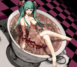 Rule 34 | 1girl, aqua eyes, aqua hair, barefoot, bathing, censored, convenient censoring, crossed legs, cup, feet, hair censor, hair over breasts, hair ribbon, harada isuka, hatsune miku, in container, in cup, legs, long hair, mini person, minigirl, nude, petals, ribbon, sitting, smile, solo, teacup, twintails, very long hair, vocaloid, world is mine (vocaloid)