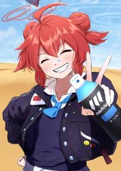 Rule 34 | 1girl, ^ ^, ahoge, blue archive, blue necktie, blue sweater vest, closed eyes, collared shirt, desert, double bun, closed eyes, grin, hair between eyes, hair bun, halo, hand on own hip, highres, jacket, light blush, long sleeves, maki (blue archive), nadayui, necktie, open clothes, open jacket, outdoors, paint on clothes, paint splatter, paint splatter on face, puffy sleeves, red hair, scratches, shirt, sidelocks, smile, solo, spray can, spray paint, sweater vest, upper body, v, white shirt