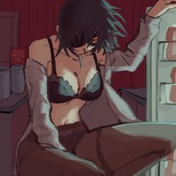 Rule 34 | 1girl, beer can, black bra, black hair, bra, breasts, can, chainsaw man, cigarette, cleavage, collared shirt, curtains, dark, drink can, eyepatch, highres, himeno (chainsaw man), holding, holding cigarette, large breasts, liowig, looking down, off shoulder, open clothes, pantyhose, refrigerator, refrigerator interior, shirt, short hair, solo, underwear, white shirt
