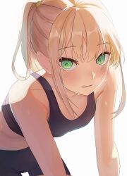 Rule 34 | 1girl, absurdres, bare arms, bare shoulders, bent over, bike shorts, black bra, black shorts, blush, bra, breasts, collarbone, commentary, english commentary, green eyes, highres, ibarazaki emi, katawa shoujo, leaning forward, long hair, looking at viewer, midriff, nerunemuteto, ponytail, shorts, sidelocks, simple background, small breasts, solo, sports bra, sweat, underwear, upper body, white background