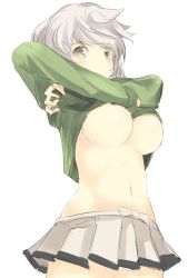 Rule 34 | 10s, 1girl, alternate costume, breasts, brown eyes, clothes lift, green shirt, kantai collection, large breasts, lifting own clothes, long sleeves, looking at viewer, miniskirt, nao (qqqbb), navel, no bra, pleated skirt, shirt, silver hair, skirt, solo, stomach, sweater, sweater lift, underboob, undressing, unryuu (kancolle), wavy hair
