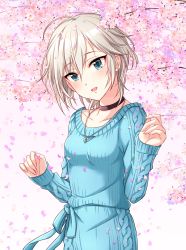 Rule 34 | 1girl, absurdres, ahoge, anastasia (idolmaster), blue eyes, blush, cherry blossoms, choker, collarbone, commentary, cowboy shot, dress, hands up, highres, idolmaster, idolmaster cinderella girls, jewelry, looking at viewer, necklace, open mouth, petals, popon ta, short hair, silver hair, sleeves past wrists, smile, solo, sweater, sweater dress