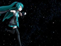 Rule 34 | 1girl, 3d, animated, animated gif, black theme, black thighhighs, hatsune miku, lowres, psychedelic, running, solo, space, thighhighs, twintails, vocaloid