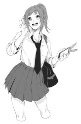 Rule 34 | 1girl, :d, absurdres, bag, breast pocket, cellphone, cropped legs, greyscale, hand up, highres, holding, holding phone, looking at viewer, monochrome, necktie, open mouth, original, phone, pleated skirt, pocket, school bag, school uniform, shirt, shoulder bag, simple background, skirt, smartphone, smile, solo, standing, vice (kuronekohadokoheiku), white background