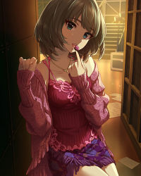 Rule 34 | 10s, 1girl, artist request, blue eyes, breasts, brown hair, camisole, cardigan, chocolate, cleavage, collarbone, fingernails, floral print, flower, fringe trim, green eyes, heterochromia, highres, idolmaster, idolmaster cinderella girls, jacket, jewelry, light, long fingernails, long hair, long sleeves, looking at viewer, miniskirt, mole, mole under eye, necklace, off shoulder, official art, open mouth, paper, purple skirt, resized, ribbed shirt, rose, shirt, short hair, sitting, skirt, smile, solo, speaker, stairs, takagaki kaede, tank top, tongue, tongue out, upscaled, waifu2x