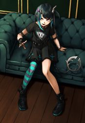 Rule 34 | 1girl, black dress, black footwear, black hair, blue hair, blue thighhighs, boots, commentary request, couch, cross print, demon girl, demon horns, demon tail, dress, eye hair ornament, eye of providence, fang, flat chest, full body, grey thighhighs, highres, horns, indoors, long hair, looking at viewer, medium hair, momose nasukura, multicolored hair, nail polish, nanashi inc., official alternate costume, open mouth, pointy ears, red eyes, red nails, shishio chris, shishio chris (3rd costume), short sleeves, single thighhigh, smile, solo, striped clothes, striped thighhighs, sugar lyric, tail, thighhighs, two-tone hair, virtual youtuber, wristband