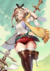 Rule 34 | 1girl, atelier (series), atelier ryza, atelier ryza 1, belt, blush, breasts, brown eyes, brown hair, hair ornament, hairclip, hat, highres, jewelry, large breasts, looking at viewer, medium breasts, necklace, one eye closed, open mouth, pyz (cath x tech), red shorts, reisalin stout, short shorts, shorts, simple background, smile, solo, thighhighs, thighs, v, weapon