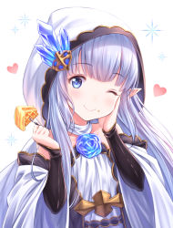 Rule 34 | 1girl, ;d, bare shoulders, black sleeves, blue eyes, blue hair, blush, closed mouth, commentary request, crystal, detached sleeves, dress, food, food on face, fork, granblue fantasy, hands up, head tilt, heart, highres, holding, holding fork, hood, hood up, lily (granblue fantasy), long hair, long sleeves, looking at viewer, one eye closed, open mouth, pointy ears, simple background, sleeves past wrists, smile, solo, tomo (tmtm mf mf), upper body, very long hair, white background, white dress, white sleeves, wide sleeves
