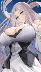 Rule 34 | 1girl, absurdres, azur lane, bare shoulders, blue eyes, blush, breasts, cleavage, clothing cutout, cross, cross earrings, detached sleeves, dress, earrings, highres, huge breasts, jewelry, kaki z3, long hair, looking at viewer, parted bangs, shoulder cutout, solo, two-tone dress, upper body, white hair, yorktown (azur lane), yorktown ii (azur lane)