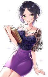 Rule 34 | 1girl, black hair, blouse, blue shirt, book, breasts, cleavage, commentary request, cowboy shot, earrings, hayami kanade, highres, idolmaster, idolmaster cinderella girls, idolmaster cinderella girls starlight stage, jewelry, looking at viewer, mairo, medium breasts, necklace, parted bangs, purple skirt, see-through, shirt, short hair, skirt, smile, solo, white background, yellow eyes