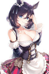 Rule 34 | 1girl, animal ears, apron, arm behind back, arm up, baisi shaonian, black hair, blouse, blue eyes, bow, breasts, cleavage, closed mouth, corset, ear ribbon, eishin flash (umamusume), frilled apron, frills, hair between eyes, highres, horse ears, long hair, long sleeves, looking at viewer, shirt, short hair, simple background, skirt, smile, solo, striped clothes, striped skirt, umamusume, vertical-striped clothes, vertical-striped skirt, white apron, white background, white shirt, wide sleeves