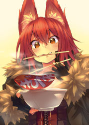 Rule 34 | 1girl, animal ears, black gloves, bowl, chopsticks, fang, fingerless gloves, food, fox ears, fur trim, garuku, gloves, holding, jacket, long sleeves, mouth hold, noodles, object in mouth, original, ramen, red eyes, red hair, simple background, solo, yellow eyes