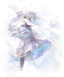 Rule 34 | 1girl, 25-ji miku, aqua eyes, chest harness, dress, expressionless, feet out of frame, frilled dress, frills, grey hair, hair ribbon, harness, hatsune miku, heterochromia, highres, holding, holding string, kei (keigarou), long hair, long sleeves, looking at viewer, outside border, pink eyes, project sekai, ribbon, signature, single thighhigh, standing, string, thighhighs, twintails, very long hair, vocaloid, white dress, white ribbon, wind