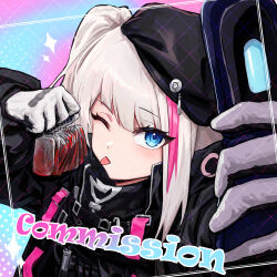 1girl beret black_gloves black_jacket blood blue_eyes cellphone commentary commission dog_tags english_commentary flip_phone girls&#039;_frontline gloves hat highres holding holding_dog_tags holding_phone jacket looking_at_viewer mdr_(girls&#039;_frontline) mranz4869 multicolored_hair one_eye_closed one_side_up phone pink_hair solo streaked_hair tongue tongue_out two-tone_gloves upper_body watermark watermark_grid white_gloves white_hair