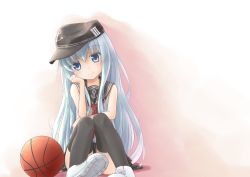 Rule 34 | 10s, 1girl, adapted costume, ball, bare shoulders, basketball, basketball (object), blue eyes, hat, head rest, hibiki (kancolle), highres, kantai collection, long hair, looking at viewer, neckerchief, pantyhose, school uniform, serafuku, shirt, shoes, silver hair, sitting, skirt, sleeveless, sleeveless shirt, smile, sneakers, solo, wamu (chartreuse)
