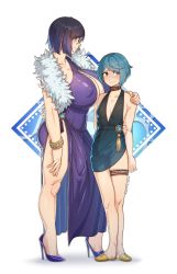 Rule 34 | 1boy, 1girl, arm behind back, black hair, blue hair, bracelet, breasts, bulge, choker, closed mouth, covered erect nipples, crossdressing, dress, feather boa, flaccid, full body, futa with male, futanari, genshin impact, gradient hair, hand on another&#039;s shoulder, height difference, high heels, highres, huge breasts, jewelry, long dress, multicolored hair, nervous smile, orange eyes, puffy nipples, purple dress, purple hair, short hair, smile, standing, sulcate, thighlet, trap, xingqiu (genshin impact), yelan (genshin impact)