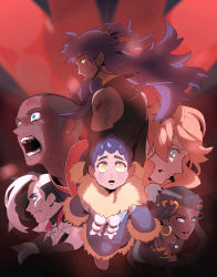 Rule 34 | 2girls, 4boys, alternate costume, avatar legends, bare shoulders, black hair, black shirt, blood, blood on face, blue eyes, blue hair, bright pupils, closed mouth, commentary request, creatures (company), dark-skinned female, dark-skinned male, dark skin, detached sleeves, earrings, eyeshadow, facial hair, floating hair, frown, game freak, green eyes, grey eyeshadow, hair bun, highres, hoop earrings, hop (pokemon), jacket, jewelry, korean commentary, leon (pokemon), long hair, looking up, makeup, multicolored hair, multiple boys, multiple girls, nessa (pokemon), nintendo, open mouth, orange hair, parody, piers (pokemon), pokemon, pokemon swsh, purple hair, raihan (pokemon), redlhzz, shirt, short hair, single hair bun, sleeveless, sleeveless shirt, sonia (pokemon), tearing up, teeth, two-tone hair, undercut, white hair, white jacket, white pupils, yellow eyes