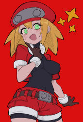 Rule 34 | 1girl, absurdres, black bodysuit, blonde hair, blush, bodysuit, breasts, buzzlyears, cabbie hat, covered collarbone, covered navel, cropped jacket, finger to mouth, glowing, green eyes, hat, highres, jacket, looking at viewer, medium breasts, mega man (series), mega man legends (series), open clothes, open jacket, open mouth, red hat, red shorts, roll caskett (mega man), shorts, smile, solo, star (symbol)