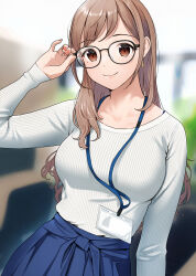 Rule 34 | 1girl, absurdres, blue skirt, blurry, blurry background, brown hair, computer, desk, doushimasho, glasses, high-waist skirt, highres, holding, holding removed eyewear, id card, indoors, lanyard, long hair, long sleeves, mole, mole under eye, monitor, office, office lady, original, pencil skirt, shirt, skirt, smile, solo, striped clothes, striped shirt, unworn eyewear, vertical-striped clothes, vertical-striped shirt, white shirt, yellow eyes