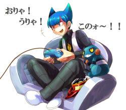 Rule 34 | 1boy, bad id, bad pixiv id, blue hair, chair, chips (food), controller, creatures (company), croagunk, food, game controller, game freak, gamepad, gen 4 pokemon, happy, male focus, nintendo, playing games, pokemon, pokemon (creature), potato chips, saturn (pokemon), short hair, team galactic, toudou charo, tr, translation request, uniform, video game
