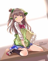 Rule 34 | 10s, 1girl, apron, between legs, black thighhighs, blunt bangs, brown hair, desk, grey hair, hand between legs, holding, holding pillow, kneeling, long hair, looking at viewer, love live!, love live! school idol project, minami kotori, on desk, one side up, pillow, ribbon, school desk, school uniform, shipii (jigglypuff), shoes, sitting, smile, solo, thighhighs, wariza, yellow eyes