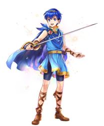 Rule 34 | 1boy, alpha transparency, belt, bike shorts, black shorts, blue eyes, blue hair, boots, brown footwear, cape, fire emblem, fire emblem: mystery of the emblem, fire emblem heroes, gem, highres, holding, holding sword, holding weapon, looking at viewer, male focus, marth (fire emblem), matching hair/eyes, nintendo, official art, open mouth, shorts, smile, solo, standing, sword, teeth, tiara, transparent background, tunic, upper teeth only, wada sachiko, weapon, aged down