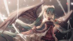 Rule 34 | 1girl, 7th dragon (series), 7th dragon 2020, 7th dragon 2020-ii, absurdly long hair, black wings, closed mouth, cowboy shot, dress, feathered wings, floating hair, flower, green eyes, green hair, hair ornament, hatsune miku, highres, holding, holding flower, long hair, looking at viewer, millet (milletneko), nail polish, red flower, red nails, red rose, rose, short dress, skirt hold, sleeveless, sleeveless dress, smile, solo, standing, strapless, strapless dress, twintails, very long hair, vocaloid, wings, wrist cuffs