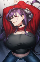 Rule 34 | 1girl, arms up, blueorca, breasts, character request, choker, copyright request, denim, glasses, highres, huge breasts, jeans, lipstick, long sleeves, makeup, mole, mole on breast, mole under eye, navel, pants, purple hair, purple nails, red eyes, solo