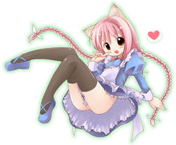 Rule 34 | 1girl, :d, animal ears, braid, brown eyes, cat ears, emudon, emurin, glowing, heart, long hair, looking at viewer, maid, no panties, open mouth, pink hair, smile, solo, spoken heart, thighhighs
