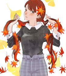 Rule 34 | 1girl, autumn leaves, black shirt, brown eyes, brown hair, cowboy shot, freckles, ginkgo leaf, grey pants, highres, ila (nnnnnnnn8), leaf, long sleeves, looking at viewer, low twintails, pants, shirt, simple background, solo, standing, twintails