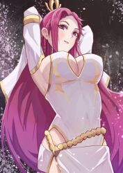 1girl arms_behind_head arms_up breasts cleavage cleavage_cutout clothing_cutout dress fire_emblem fire_emblem_heroes from_below large_breasts loki_(fire_emblem) loki_(trickster_god)_(fire_emblem) long_hair looking_at_viewer looking_down nintendo official_alternate_costume pelvic_curtain purple_eyes purple_hair sideboob smile strixinkagoshim white_dress