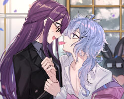 Rule 34 | 2girls, aoki shizumi, black jacket, black necktie, blue eyes, blue hair, blush, collared shirt, commentary, copyright request, eye contact, falling petals, flat chest, food in mouth, frilled shirt, frills, glasses, grey shirt, hand on another&#039;s wrist, highres, indoors, jacket, long hair, looking at another, multiple girls, necktie, off shoulder, open clothes, open mouth, open shirt, petals, purple hair, purple jacket, red eyes, shirt, suit jacket, sweatdrop, upper body, white shirt, window, yuri