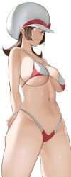 Rule 34 | 1girl, absurdres, arms behind back, bikini, breasts, brown eyes, brown hair, closed mouth, collarbone, creatures (company), game freak, hat, highres, large breasts, looking at viewer, lyra (pokemon), navel, nintendo, pokemon, pokemon hgss, red bikini, short hair, simple background, solo, swimsuit, thighs, two-tone bikini, white background, white bikini, white hat, yuuyuu (yuuki1771)