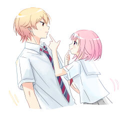 Rule 34 | 1boy, 1girl, blonde hair, closed mouth, collared shirt, commentary request, diagonal-striped clothes, diagonal-striped necktie, gradient hair, highres, kamiyama high school uniform (project sekai), miyamasuzaka girls&#039; academy school uniform, momomo (m0 3), multicolored hair, necktie, ootori emu, orange eyes, orange hair, partial commentary, pink eyes, pink hair, pleated skirt, pointing, pointing at another, pointing at self, project sekai, sailor collar, school uniform, shirt, short hair, short sleeves, skirt, striped clothes, striped necktie, tenma tsukasa, tongue, tongue out