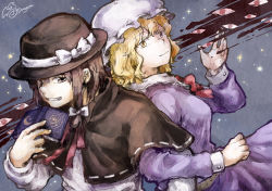Rule 34 | 2girls, back-to-back, belt, black capelet, black headwear, blonde hair, book, bow, bowtie, brown eyes, brown hair, capelet, collared dress, commentary request, crescent, dress, fang, fedora, frilled shirt collar, frills, gap (touhou), hand up, hat, hat bow, heterochromia, highres, holding, holding book, j-dragon, locked arms, long sleeves, looking at viewer, maribel hearn, mob cap, multiple girls, neck ribbon, open book, purple dress, purple eyes, red bow, red eyes, red ribbon, ribbon, ribbon-trimmed capelet, shirt, short hair, signature, smile, solar system, star (sky), star (symbol), touhou, upper body, usami renko, wavy hair, white bow, white headwear, white shirt, yellow eyes