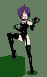 Rule 34 | 1girl, absurdres, boots, braid, breasts, choker, cleavage, dominatrix, elbow gloves, gloves, high heel boots, high heels, highres, long hair, purple hair, thigh boots, thighhighs, yellow eyes, zone-tan