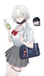 Rule 34 | 2girls, absurdres, bag, barbell piercing, black hair, black mask, bow, bowtie, breasts, bubble tea, button gap, collared shirt, cup, disposable cup, dress shirt, drink, drinking straw, gfpebs, grey skirt, hair between eyes, hair ornament, hairclip, highres, holding, holding cup, holding drink, jewelry, large breasts, looking at viewer, mask, mask pull, miniskirt, mole, mole on breast, mouth mask, multiple girls, necklace, original, piercing, pleated skirt, red bow, red bowtie, ring, ring necklace, school bag, school uniform, shirt, short hair, short sleeves, simple background, skirt, solo focus, surgical mask, sweatdrop, thigh strap, white background, white hair, white shirt, wing collar, x hair ornament, yellow eyes