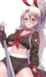 Rule 34 | 1girl, animal ears, azur lane, baseball bat, black choker, breasts, choker, cropped shirt, cube cheeze, delinquent, fake animal ears, fingerless gloves, gloves, grey hair, hair ornament, heart, heart choker, highres, korean commentary, large breasts, long bangs, long hair, long sleeves, looking at viewer, mole, mole under eye, neckerchief, official alternate costume, pink nails, prinz heinrich (azur lane), prinz heinrich (secret boss o&#039; the underworld?) (azur lane), red eyes, red gloves, red neckerchief, red sailor collar, sailor collar, school uniform, simple background, solo, underboob, white background, x hair ornament